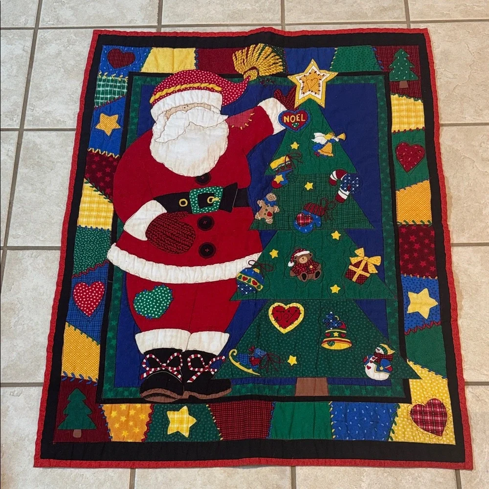 Quilt Throw Colorful Santa and Christmas Tree Holiday Throw